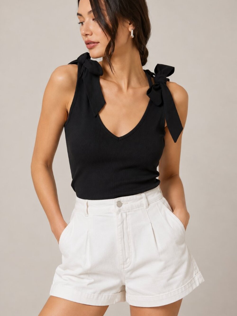Maeve Anthropologie Rafaela Bow Tie Shoulder Ribbed Tank Top Black Size L
